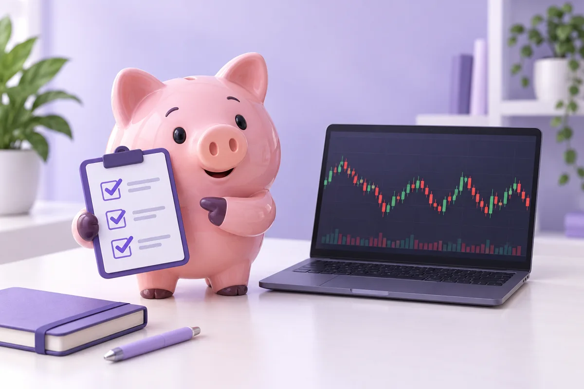 Piggy holding a checklist beside a laptop